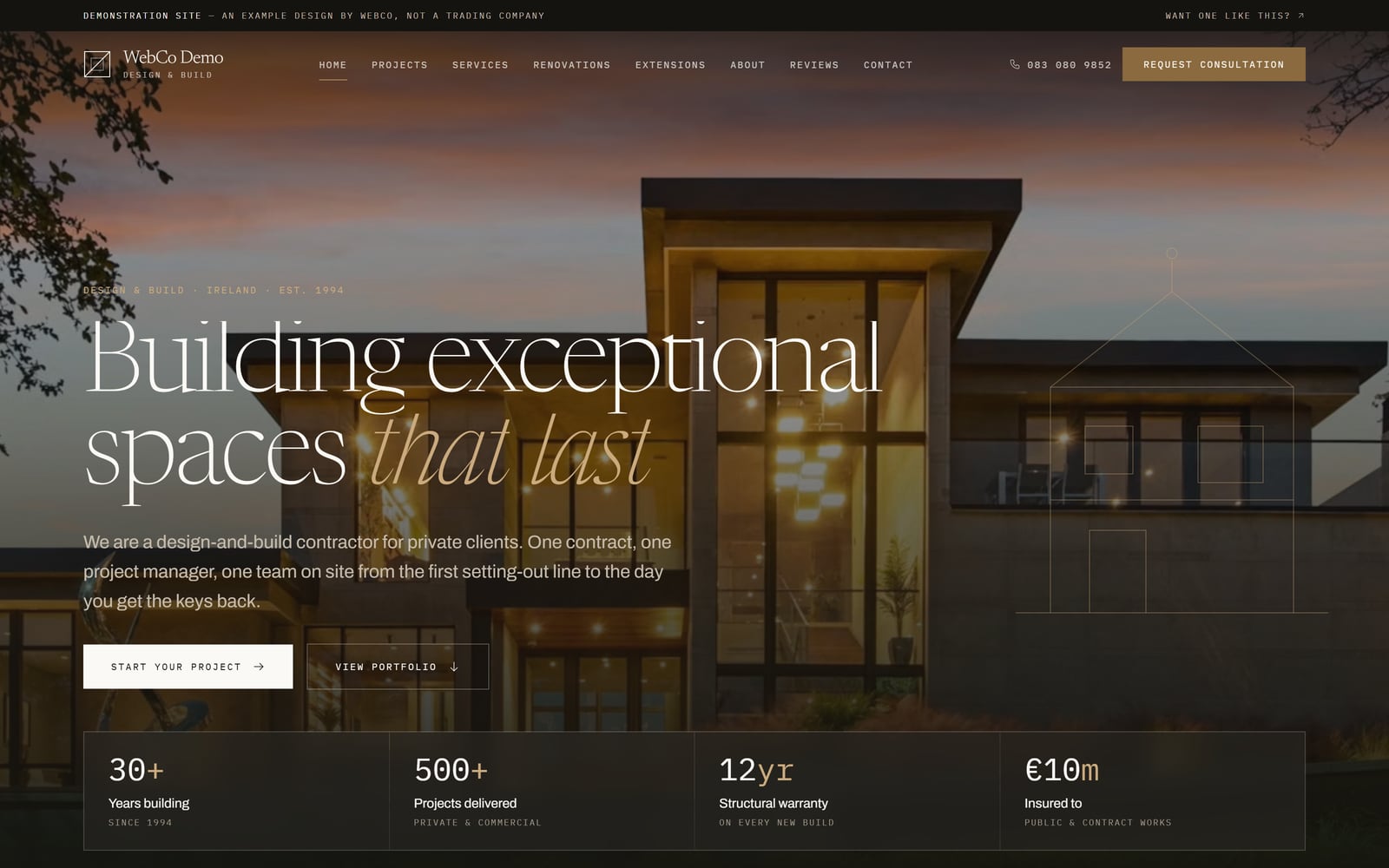 The building & construction demo site we built, at builder.webco.ie
