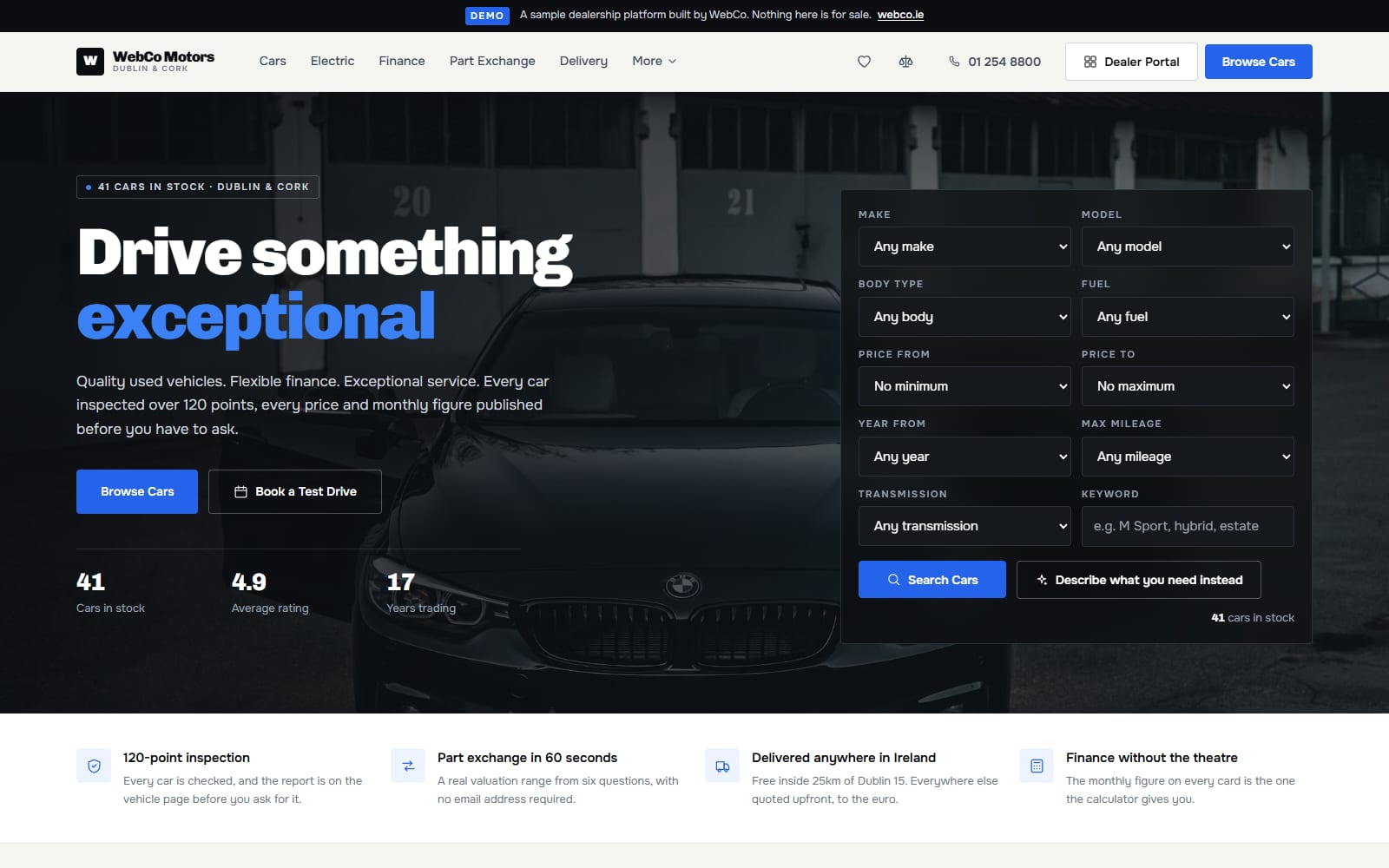 The motor dealership demo site we built, at cars.webco.ie