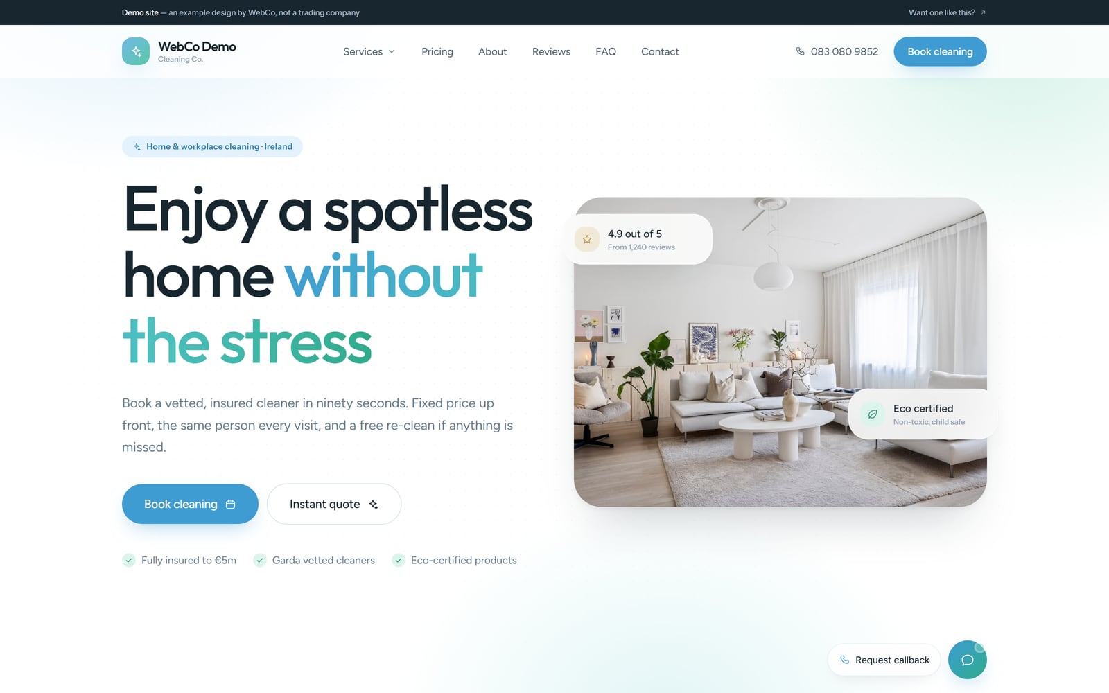 The cleaning services demo site we built, at cleaning.webco.ie