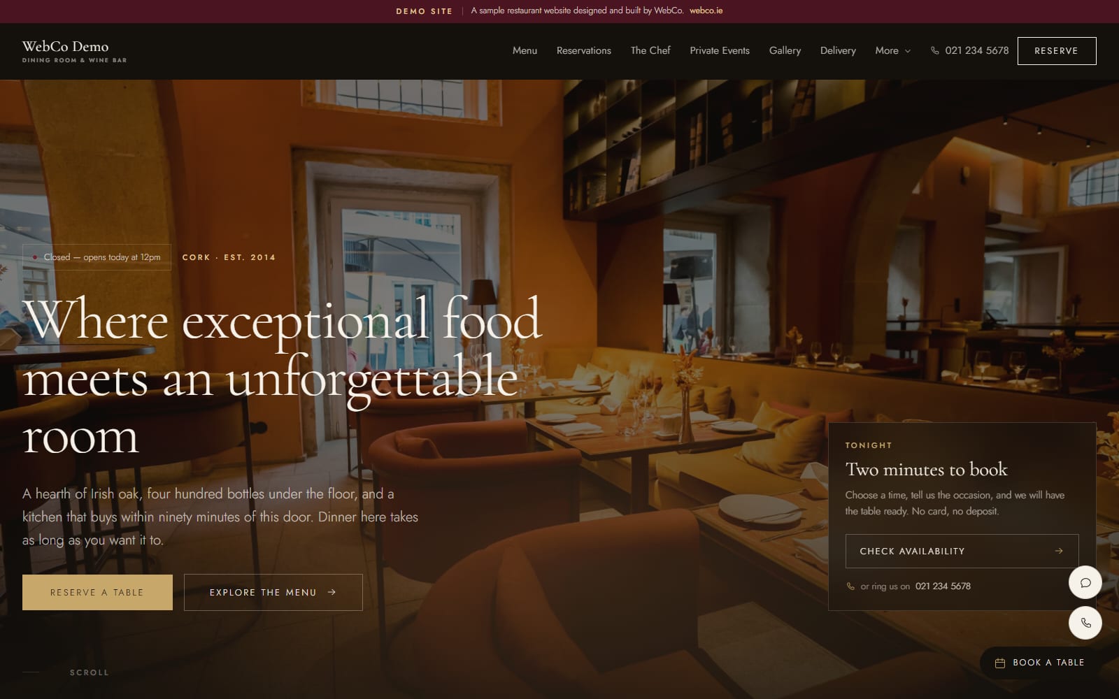 The restaurant & fine dining demo site we built, at restaurant.webco.ie