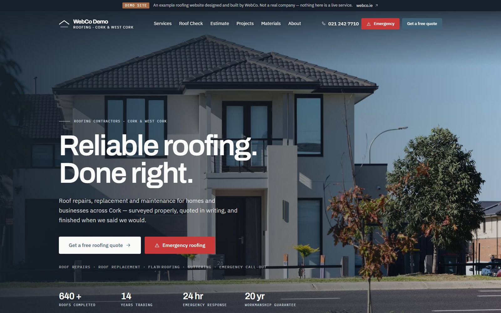 The roofing demo site we built, at roofing.webco.ie
